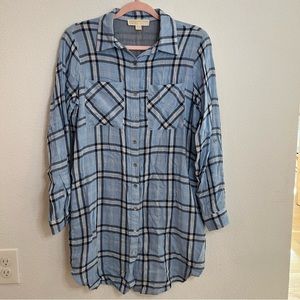 Michael Kors blue plaid long button down top or shirt dress size 4